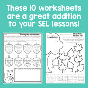 Two educational worksheets on a teal background with text about their use in SEL lessons.