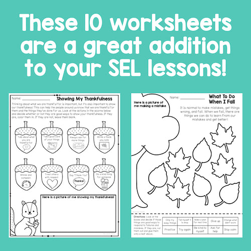 Two educational worksheets on a teal background with text about their use in SEL lessons.