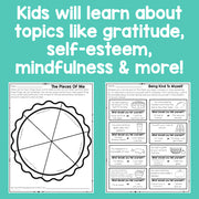 Educational materials for kids on topics like gratitude, self-esteem, and mindfulness on a teal background.