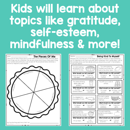 Educational materials for kids on topics like gratitude, self-esteem, and mindfulness on a teal background.