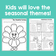 Educational worksheets with a turkey illustration and mindfulness activities on a teal background.