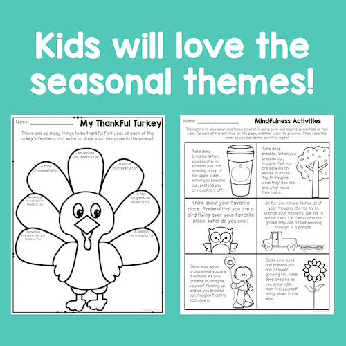 Educational worksheets with a turkey illustration and mindfulness activities on a teal background.