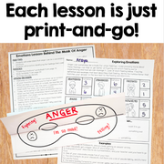 Print-and-go emotion lesson worksheets displayed on a wooden surface, with a large headline reading 'Each lesson is just print-and-go!' at the top. The sheets include text sections, emotion face illustrations, and prompts related to anger.
