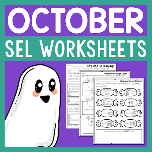 October SEL worksheets with a ghost illustration on a purple and teal background