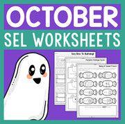 October SEL worksheets with a ghost illustration on a purple and teal background