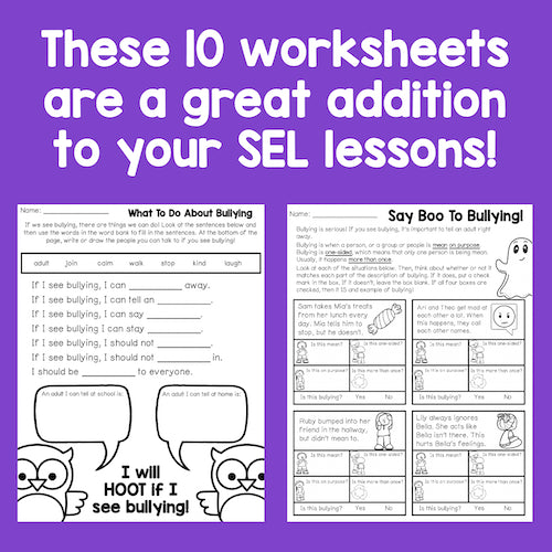 Two worksheets on a purple background with text highlighting their use in SEL lessons.