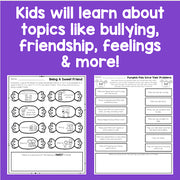 Educational worksheets on a purple background with text about learning topics like bullying and friendship.