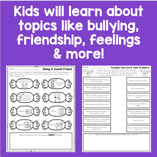 Educational worksheets on a purple background with text about learning topics like bullying and friendship.