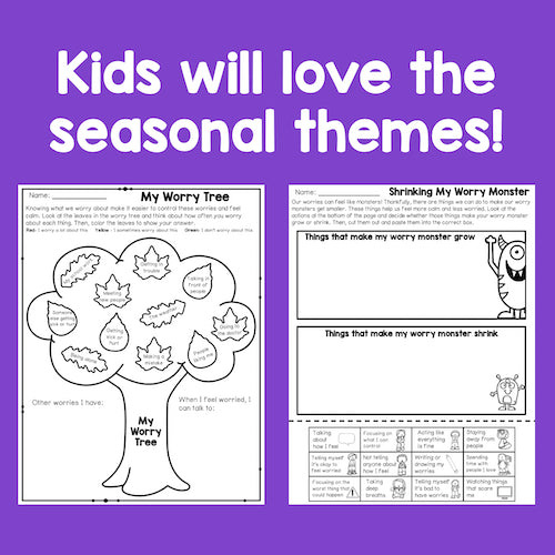 Educational worksheets for children on a purple background with text 'Kids will love the seasonal themes!'.
