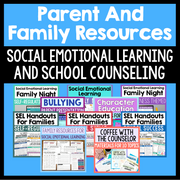 Promotional graphic for parent and family resources on social emotional learning and school counseling with various handouts and materials.