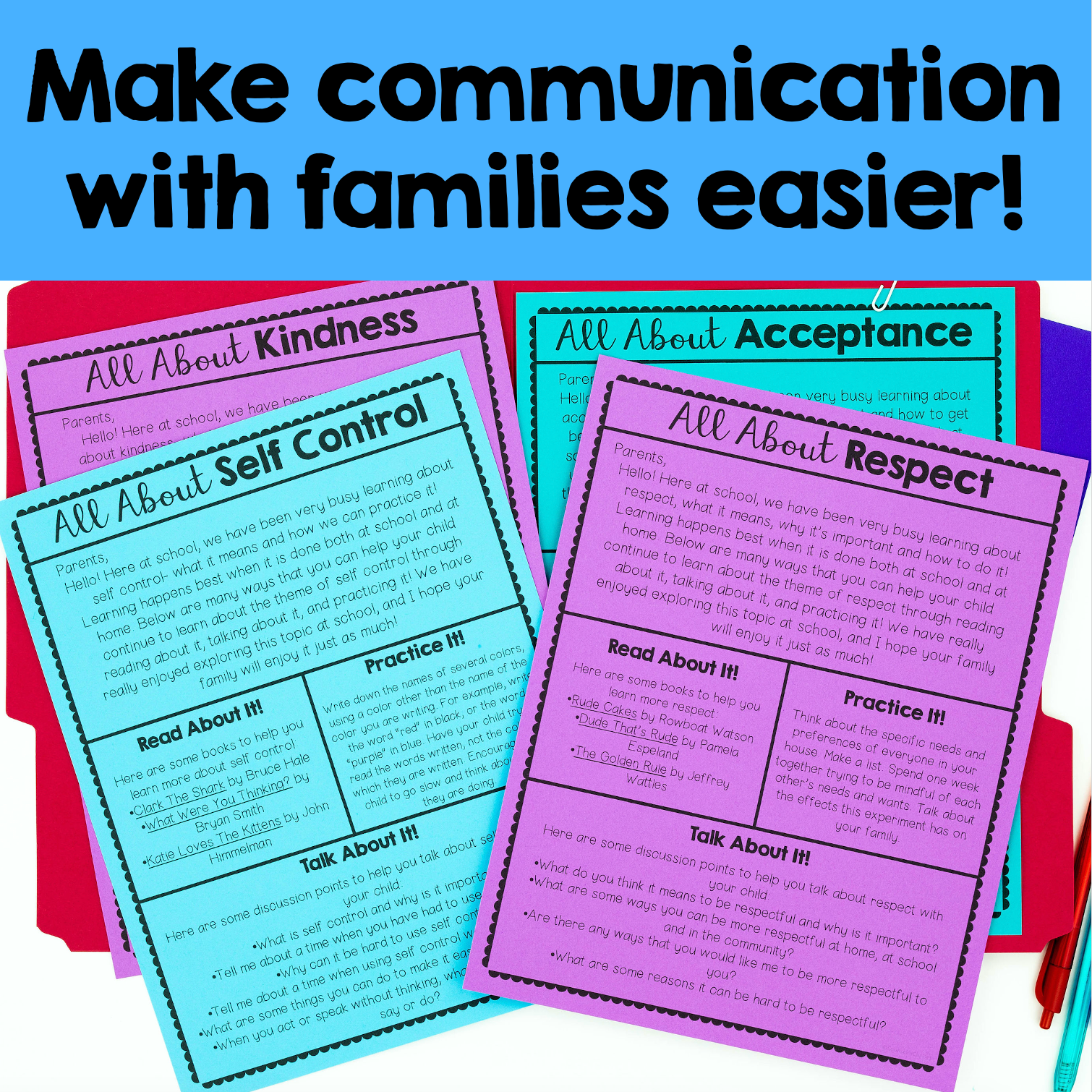 Educational posters on communication with families, focusing on kindness, acceptance, self-control, and respect.