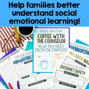 Promotional graphic for 'Coffee with the Counselor' event on social emotional learning with brochures and coffee cup.