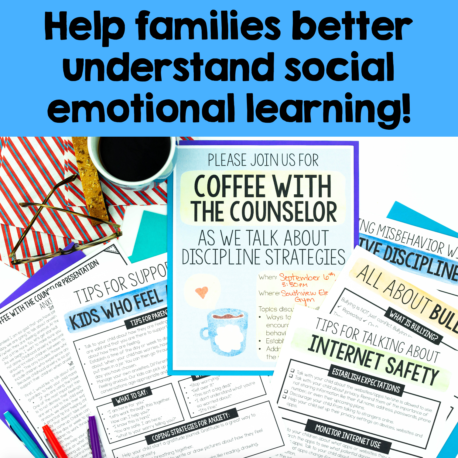 Promotional graphic for 'Coffee with the Counselor' event on social emotional learning with brochures and coffee cup.