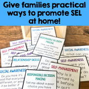 Educational cards on a wooden surface with text about promoting SEL at home.