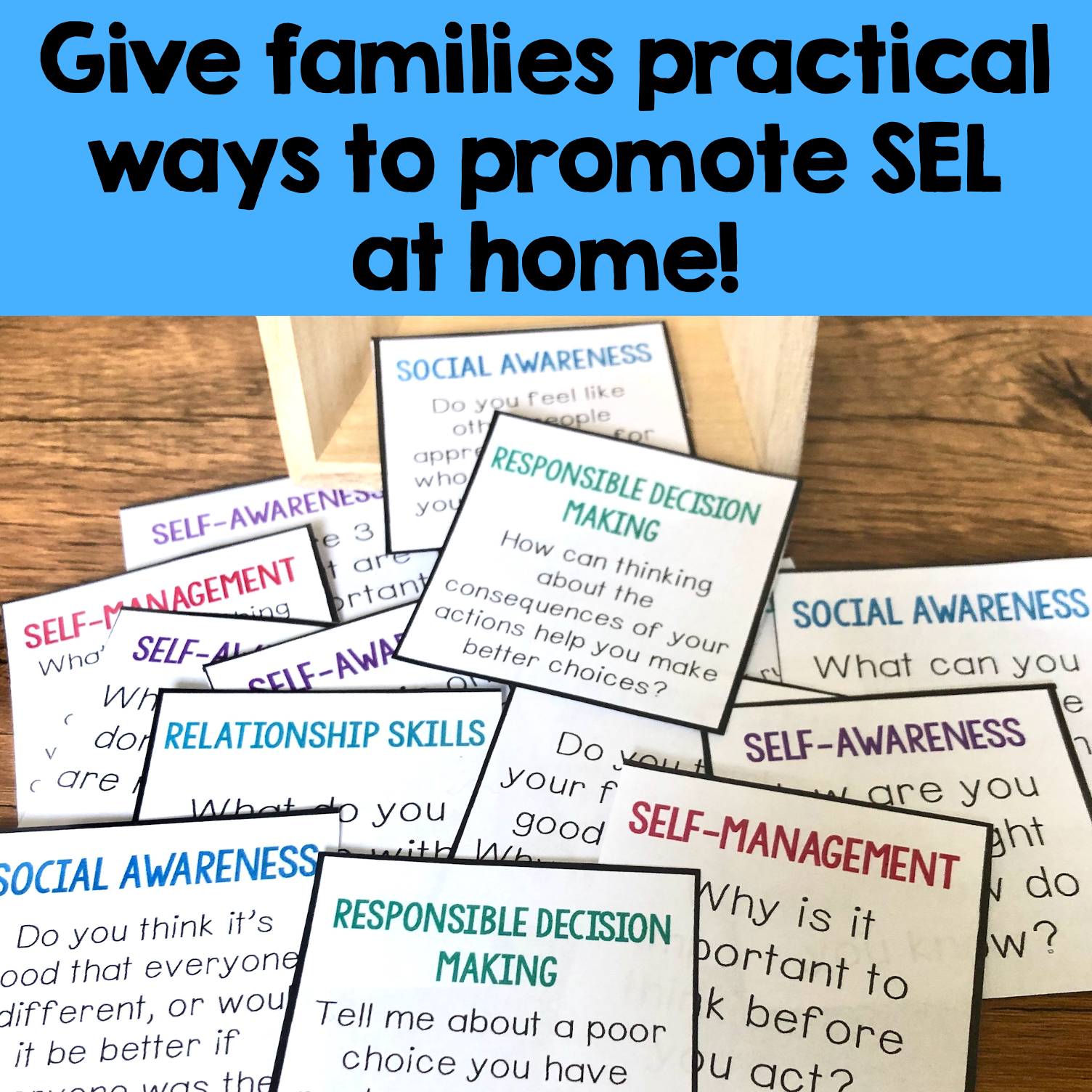 Educational cards on a wooden surface with text about promoting SEL at home.