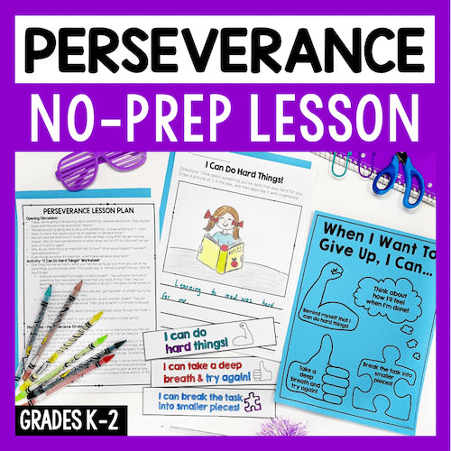Educational materials for a perseverance no-prep lesson with worksheets and supplies on a purple background.