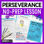 Educational materials for a perseverance no-prep lesson with worksheets and supplies on a purple background.