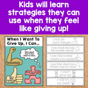 Educational posters for kids on how to handle feelings of giving up with strategies.