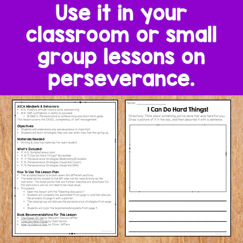 Two worksheets on a wooden surface with text about perseverance on a purple background