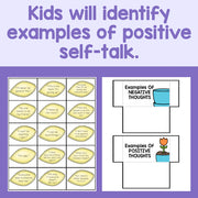 Educational material for identifying positive and negative self-talk with illustrations on a purple background.