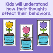 Educational cards with flowers and text on a purple background