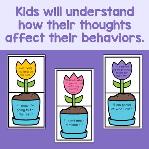 Educational cards with flowers and text on a purple background