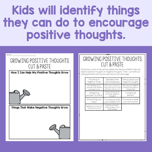 Educational materials for kids to encourage positive thoughts on a purple background