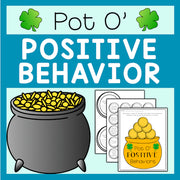 Educational material for positive behavior with a pot of gold design on a blue background