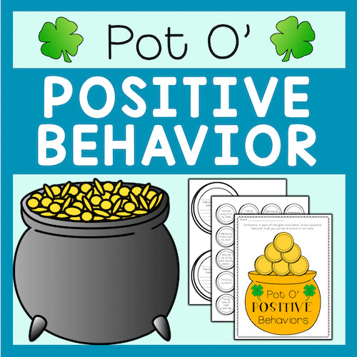 Educational material for positive behavior with a pot of gold design on a blue background