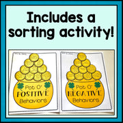 Educational material with 'Pot O' Positive Behaviors' and 'Pot O' Negative Behaviors' on a light blue background.