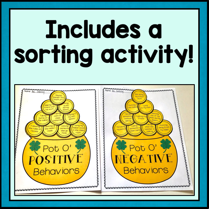 Educational material with 'Pot O' Positive Behaviors' and 'Pot O' Negative Behaviors' on a light blue background.