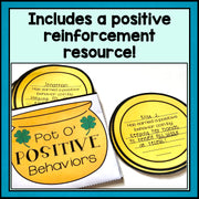Positive reinforcement resource with yellow coins and a pot labeled 'Pot O' Positive Behaviors' on a light blue background.