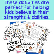 Educational materials for children with self-esteem activities on a blue background