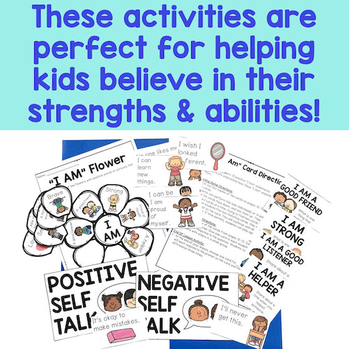 Educational materials for children with self-esteem activities on a blue background