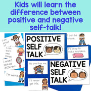 Educational posters about positive and negative self-talk with text and illustrations.