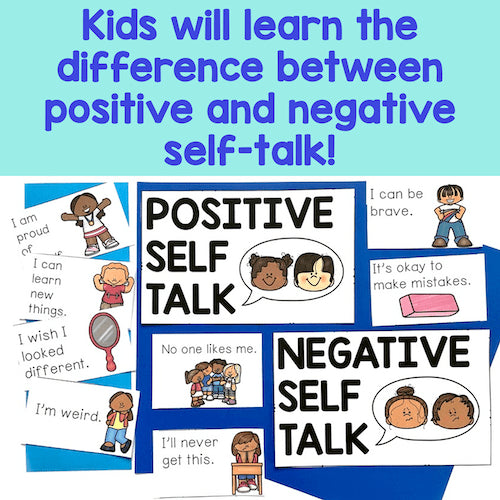 Educational posters about positive and negative self-talk with text and illustrations.