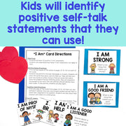 Educational materials for teaching positive self-talk to children, including cards and directions.