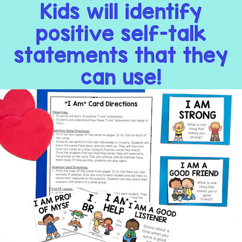 Educational materials for teaching positive self-talk to children, including cards and directions.