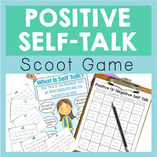 Positive Self-Talk Scoot Game with educational materials and a teal border
