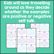 Educational material on positive and negative self-talk with text and checkboxes on a teal background.