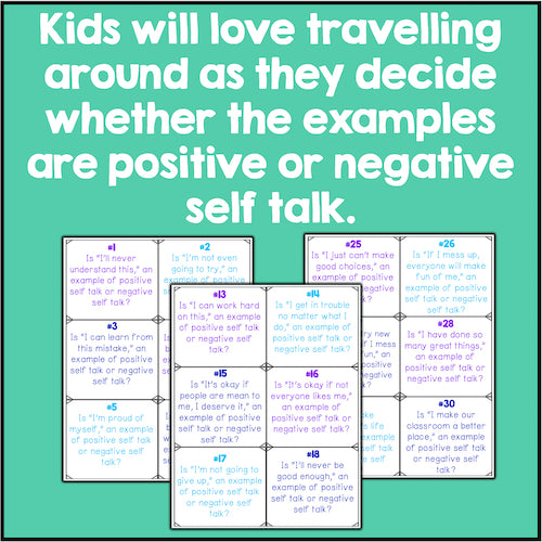 Educational material on positive and negative self-talk with text and checkboxes on a teal background.