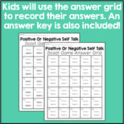 Answer grid for a Positive or Negative Self Talk Scoot game with text on a teal background