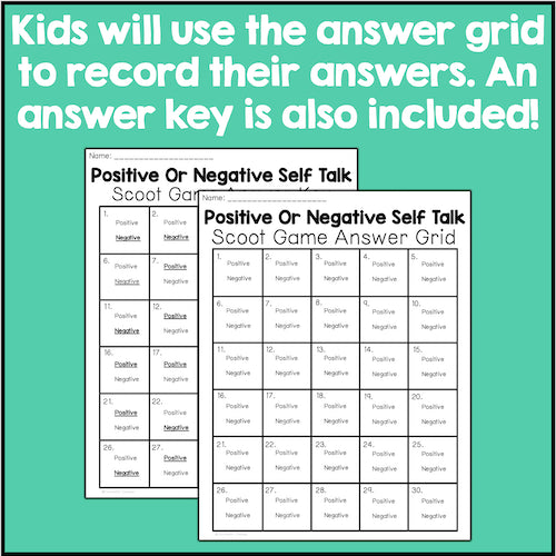 Answer grid for a Positive or Negative Self Talk Scoot game with text on a teal background