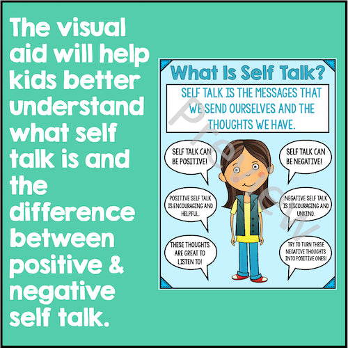 Educational graphic explaining self-talk with a character and text on a teal background