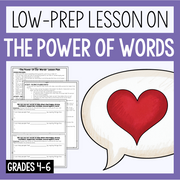 Educational material on the power of words with a heart in a speech bubble on a purple background.