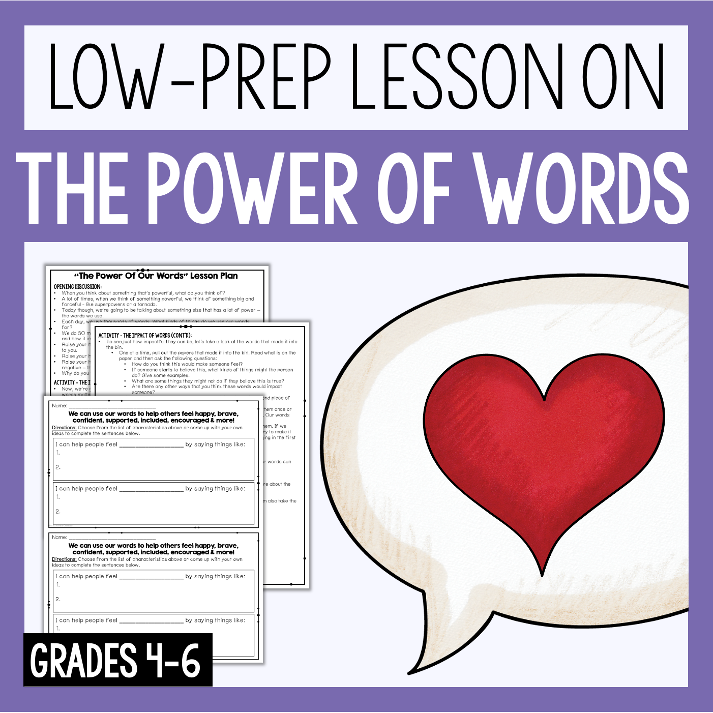 Educational material on the power of words with a heart in a speech bubble on a purple background.