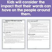 Educational lesson plan titled 'The Power of Our Words' with text on a purple background.