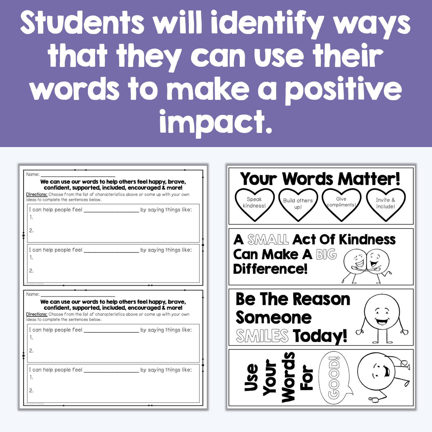 Educational materials with text about using words to make a positive impact on others.