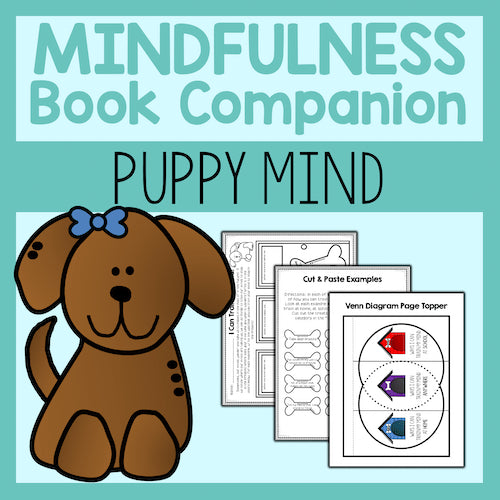 Mindfulness book companion for children featuring a cartoon dog and educational pages on a teal background.