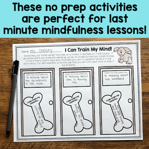 Mindfulness activity sheet with dog illustration and text on a wooden surface